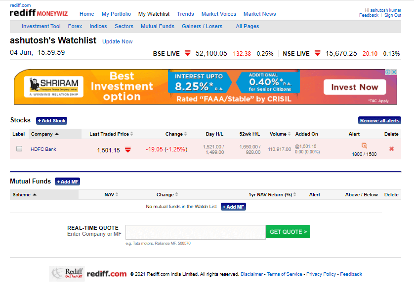 An honest Review of Rediff Money for Investment Tracking.