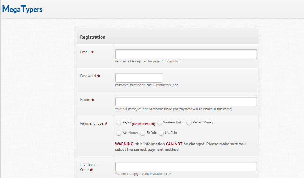 MegaTypers Sign Up page