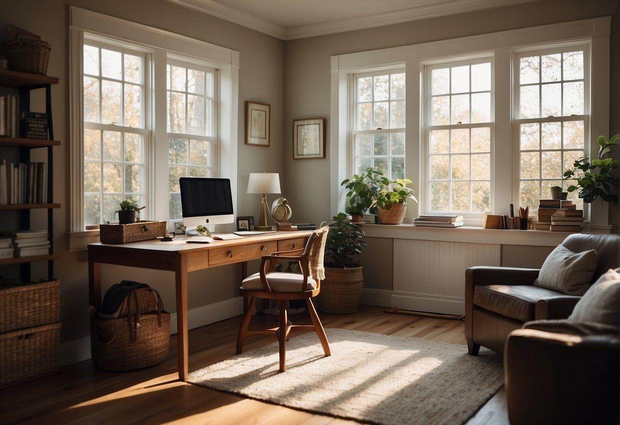 A cozy home office with a desk, chair, and writing materials. Soft natural light filters through the window, creating a warm and inviting atmosphere for handwriting work